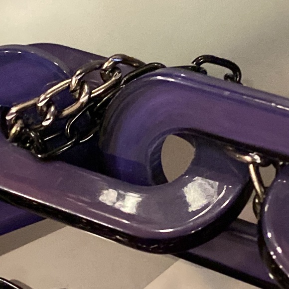 ADIA KIBUR - signed runway necklace w purple lucite links and multi metal chains - Picture 12 of 16